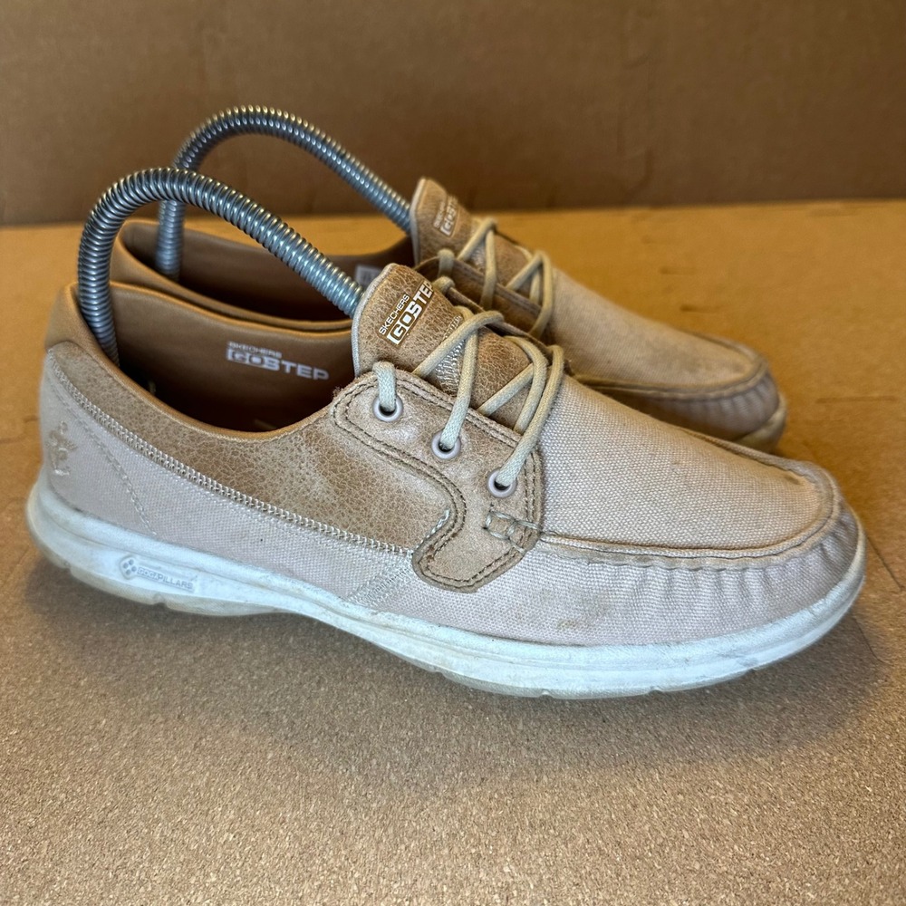 Skechers GOstep Lite Boat Shoes Womens 8.5 Tan Canvas Goga Max Loafers 14416 NAT
